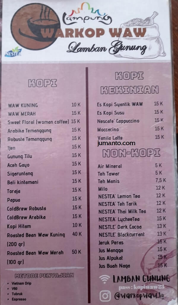 daftar menu minuman warkop waw lamban gunung