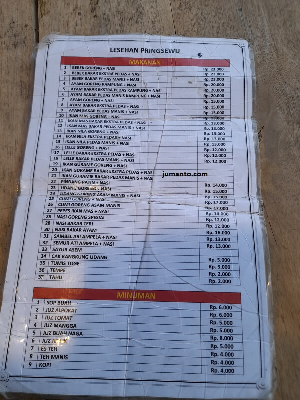 Daftar Menu Lesehan Pringsewu Lampung