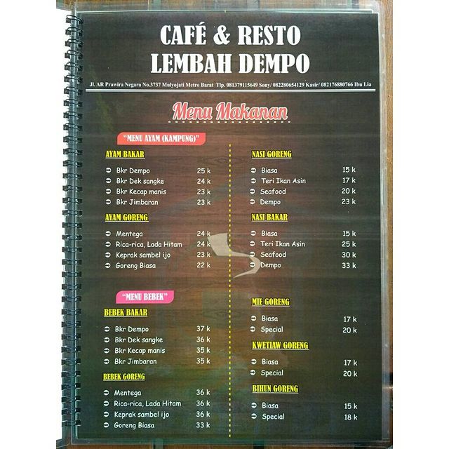 daftar menu lembah dempo cafe n resto metro lampung