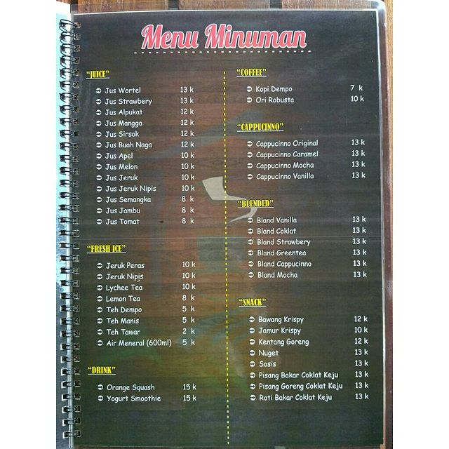 menu minuman di cafe resto lembah dempo metro lampung